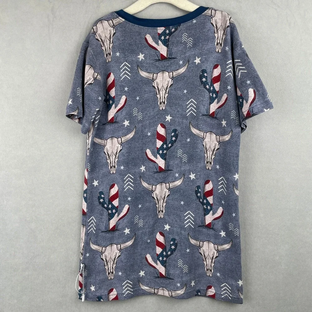 Fletch Kid Western Patriotic Soft Bamboo Pajama Top Steer Skull Cactus Blue 7-8Y
